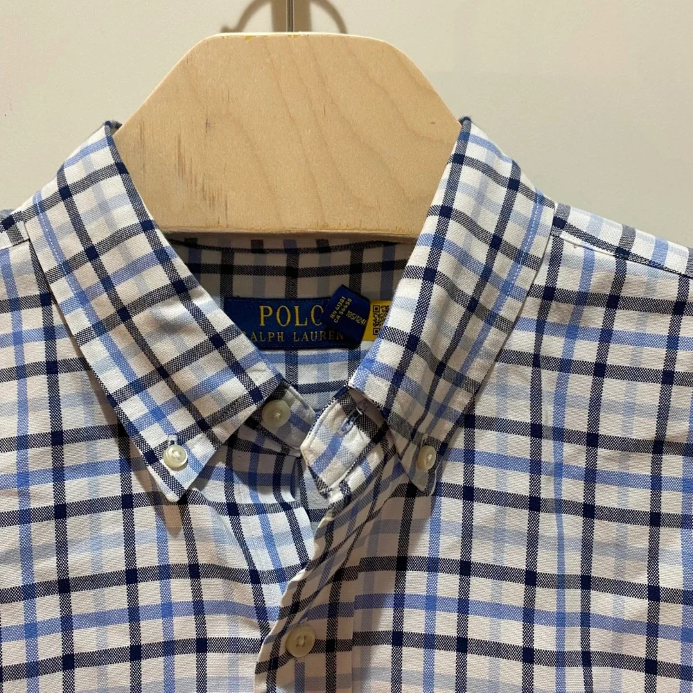 Polo Ralph Lauren Mens XLT Blue White Check Button Down Shirt Long Sleeve Cotton